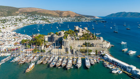 Aerial view of Bodrum on Turkish Riviera. View on Saint Peter Castle Bodrum castle and marinaの写真素材