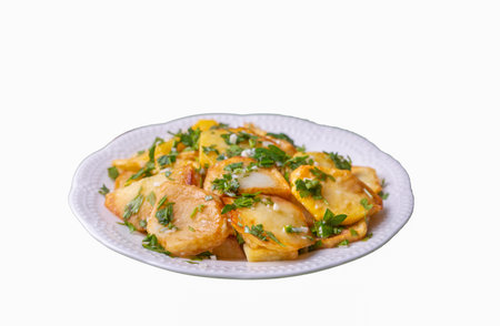 Traditional delicious Turkish food, Village style sour french fries (Turkish name; Village potato, minus potato, Village style minus potato)の写真素材