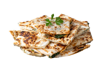 Traditional Turkish food, Turkish pancake gozleme with cheese and herb. The appetizer is Turkish pastry. There are varieties such as cheese, spinach, potatoの写真素材