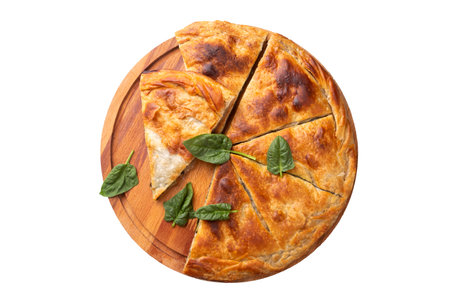 Spanakopita, greek phyllo pastry pie with spinach and feta cheese filling. Delicious handmade pies. Turkish name; handmade borekの写真素材