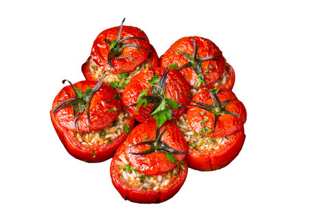 Traditional Turkish food; Stuffed tomatoes with olive oil stuffed with rice. Turkish name; stuffed tomatoesの写真素材