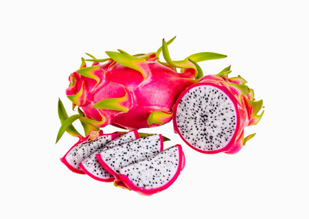 Dragon fruit isolated on white background, fresh pitahaya or pitayaの写真素材