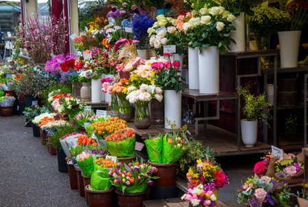 Dusseldorf - Germany - February 15, 2024, Florist flower stall at Carlsplatz market - outdoor venue with stalls selling produce, flowers, meat and street foodのeditorial素材