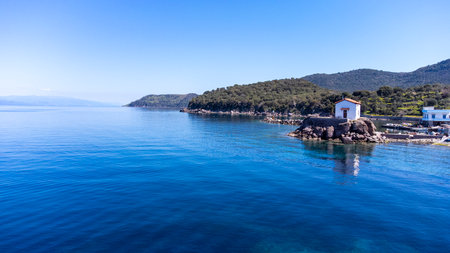 The little church of Panagia gorgona situated on a rock in Skala Sykamias, a picturesque seaside village of Lesvosの写真素材