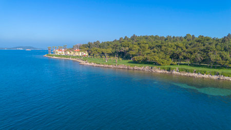 Aerial drone view of Urla district of Izmir, Turkey's third largest city. Iskele - Karantina island - Turkeyの写真素材
