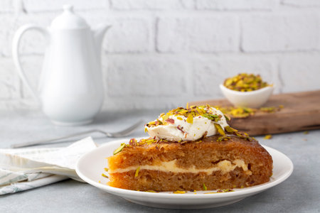 Turkish Traditional Dessert Ekmek Kadayif - Bread Pudding. Ramadan Dessert with cream