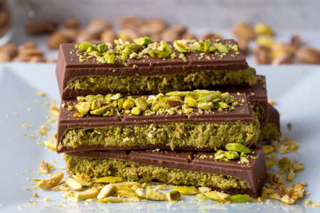 Dubai chocolate, milk chocolate filled with peanut butter and kunefeの写真素材