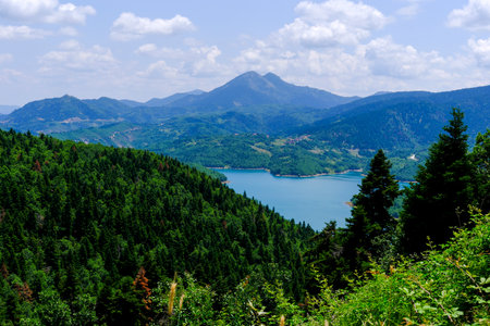 The Plastiras Dam, a concrete arch dam in Karditsa regional unit, Greece that impounds the Tavropos...