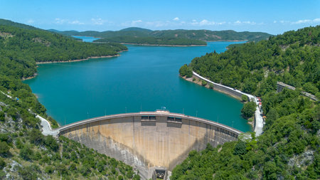 Plastiras Dam, an arch dam in the Karditsa regional union of Greece, which flows into the Tavropos...