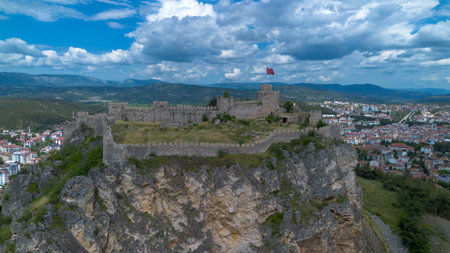 Aerial view of Boyabat Castle and the Boyabat region. Sinop, TÃ¼rkiye. Drone shot.