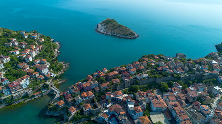 Aerial images of Amasra district of BartÄ±n province, Turkey, were provided by drone.のeditorial素材