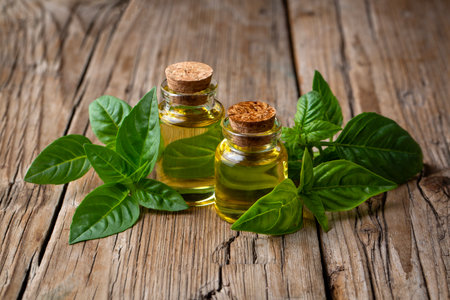Basil essential oil and fresh leaves on wooden table, closeupの写真素材