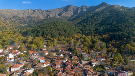 Aerial drone footage; Bozdag village, Bozdag - Izmir - Turkeyの写真素材