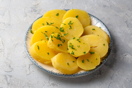 A plate of boiled potatoesの写真素材