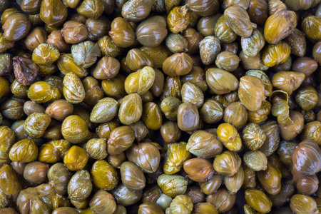 Marinated caper buds, small salted capparis in bowl, fermented food, pickled capersの写真素材