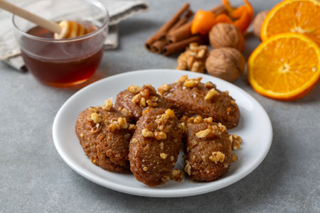Close up of homemade Greek traditional melomakarona cookiesの写真素材