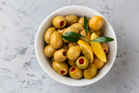 Green olives stuffed with peppersの写真素材