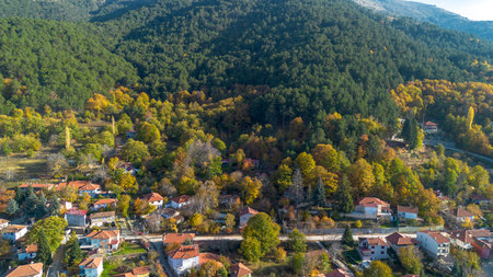 Aerial drone footage; Bozdag village, Bozdag - Izmir - Turkeyの写真素材