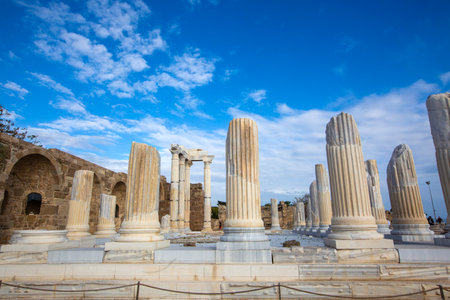 Side Roman Theater at the ancient city of Side in Antalya region on the Mediterranean coast of...