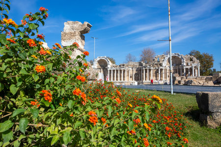 Side Roman Theater at the ancient city of Side in Antalya region on the Mediterranean coast of Turkey.の写真素材