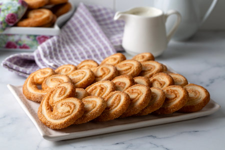 Golden palmier puff pastry cookies with caramelized layers on a white background, perfect for bakery branding or food visuals.の写真素材
