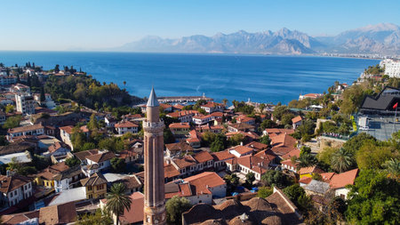 Aerial view of Antalya KaleiÃ§i, Yivli Minaret and Ottoman Houses in the Old Antalya Marinaの写真素材