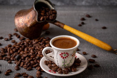 Traditional delicious Turkish coffee or Greek coffeeの写真素材