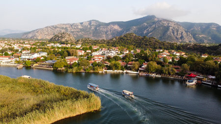 Dalyan - Mugla - Turkey, October 22, 2024, Beautiful Dalyan river view from the rock-cut temple tombs of the ancient city of Kaunos.のeditorial素材