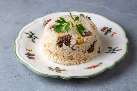 Traditional Turkish food; Roasted meat on rice (Turkish name; kavurma on rice, sacrificial kavurma, rice with chickpeas and meat)の写真素材