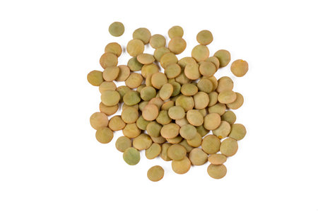 Dried green lentils on a white background.の写真素材