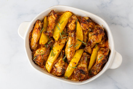 Oven-grilled chicken wings and potatoes. English name: Chicken wingsの写真素材