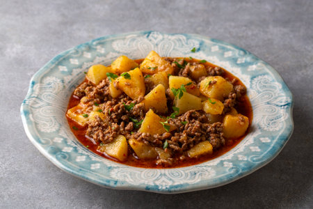 Traditional delicious Turkish food; meat potato dish . Turkish name; minced potatoesの写真素材