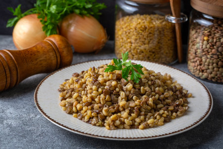 Traditional delicious Turkish food; bulgur pilaf with green lentils (Turkish name: yesil mercimekli bulgur pilavi)の写真素材