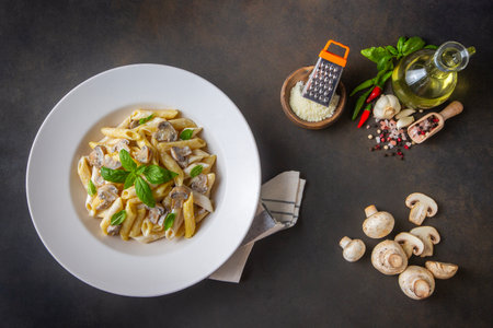 Penne cake with creamy mushroom sauceの写真素材