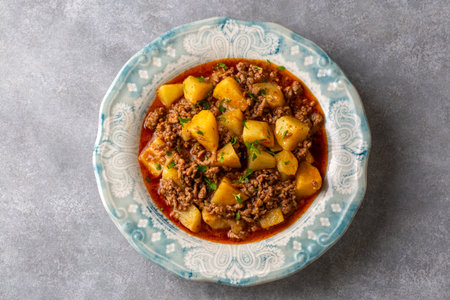 Traditional delicious Turkish food; meat potato dish . Turkish name; minced potatoesの写真素材