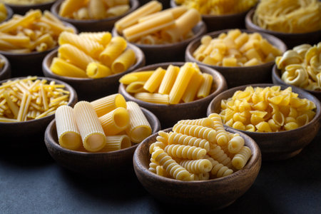 Composition with different tasty uncooked pasta - Italian pasta wallpaper, different types and shapes of pasta layoutの写真素材