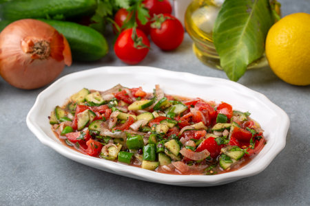 Turkish Shepards Salad with cucumber, tomato, red onion, pepper, parsley (Turkish name; kasik salad)の写真素材