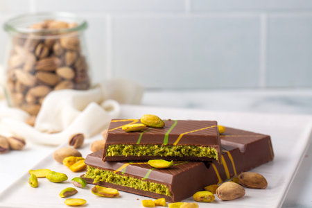 Dubai chocolate, milk chocolate filled with peanut butter and kunefeの写真素材