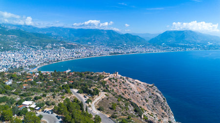 Aerial drone view Alanya castle, rocky cliffs in the sea Alanya - Turkeyの写真素材