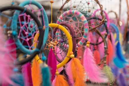 Colourful Dream Catchers at an artisanal market in San Carlos de Bariloche, Argentinaの写真素材