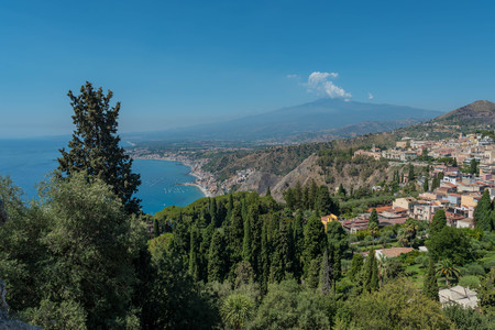 Views of the Etna volcano from Taormina in Sicily, Italyの写真素材