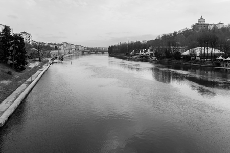 Po River in Turin and Monte dei Cappuccini, Italyの写真素材