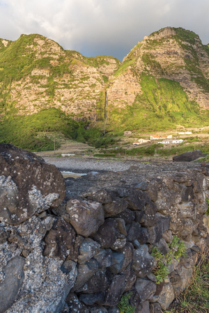 Waterfall in FajÃ£ Grande on the island of Flores in the Azores, Portugalの写真素材