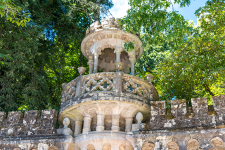 Buildings in the gardens of the Palace Quinta da Regaleira in Sintra, Portugalの写真素材