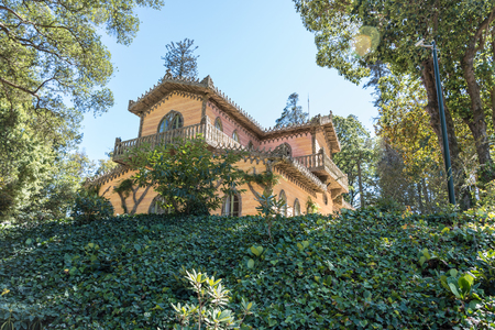 Chalet of the Countess of Edla decorated with cork in the Gardens of Palacio de Pena in the outskirts of Sintra in Portugalのeditorial素材