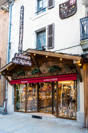 A shop selling typical alpine products in Chamonix, Auvergne-RhÃ´ne-Alpes in Franceのeditorial素材