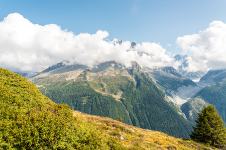 Views over Chamonix and Mont Blanc in Auvergne-RhÃ´ne-Alpes in Franceの写真素材