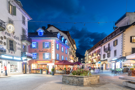 Evening at the main square of Chamonix, Auvergne-RhÃ´ne-Alpes in Franceのeditorial素材