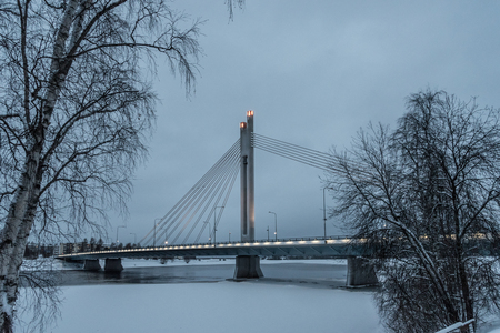 Candle Bridge at nightfall in Rovaniemi, Finlandの写真素材