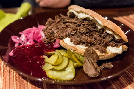 Ciabatta with reindeer meat served in a restaurant in Sirkka, Finlandの写真素材